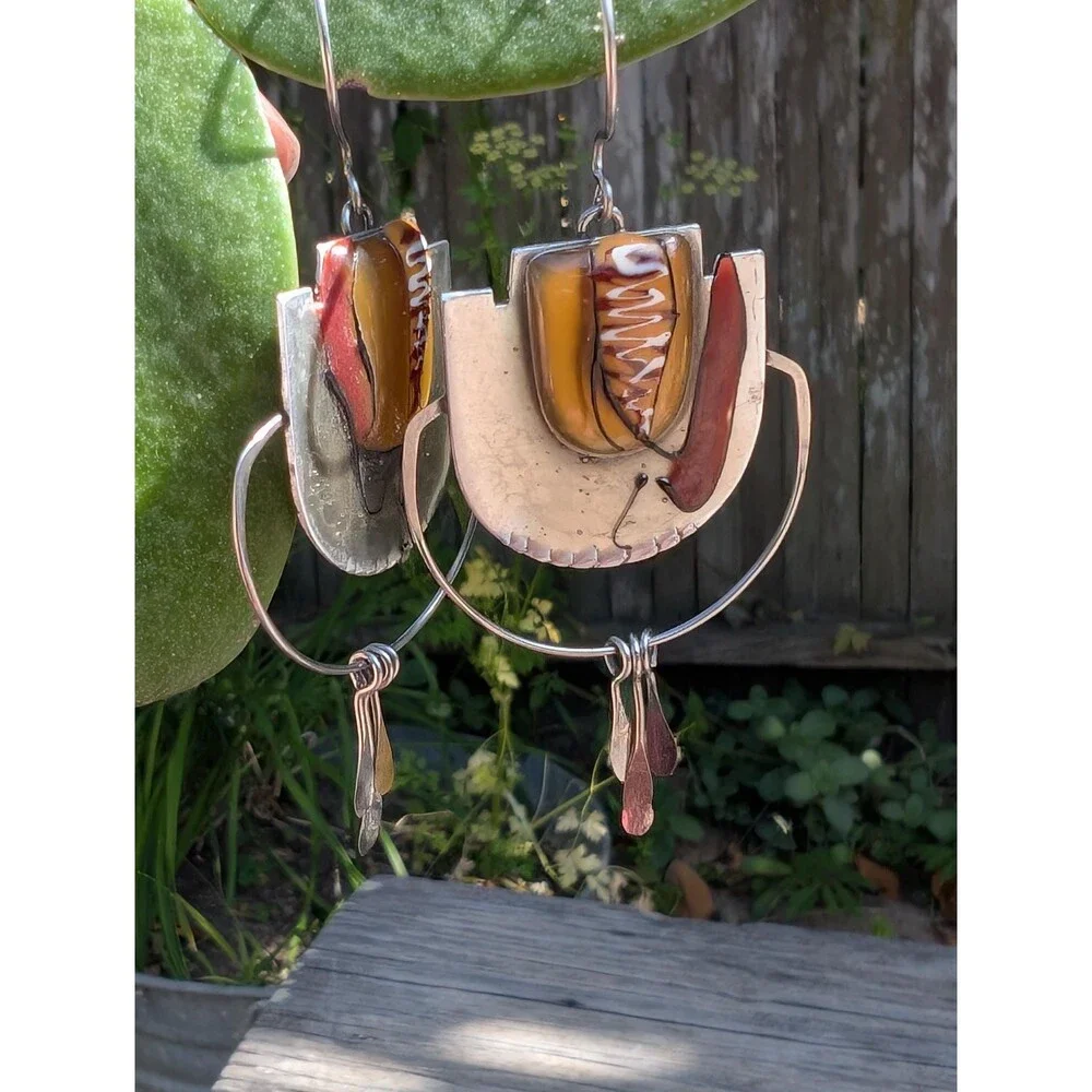 Vintage Abstract Enamel Metal Dangle Earrings